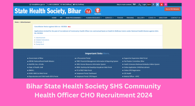 Bihar State Health Society SHS Community Health Officer CHO Recruitment 2024