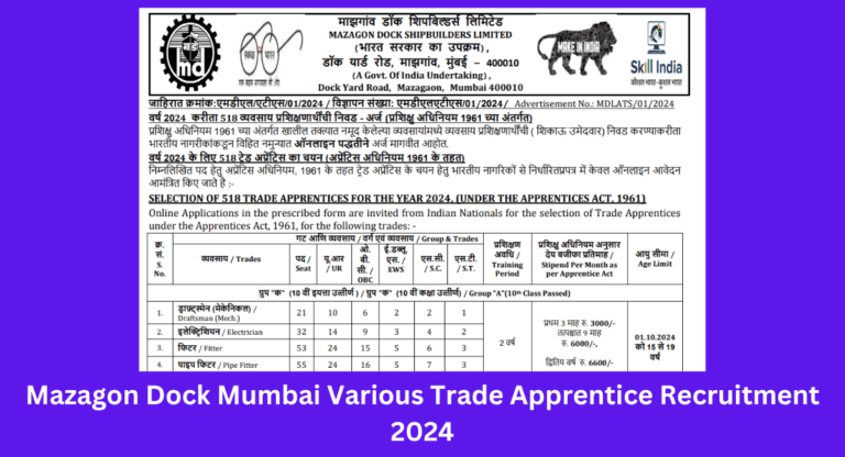 Mazagon Dock Mumbai Various Trade Apprentice Recruitment 2024