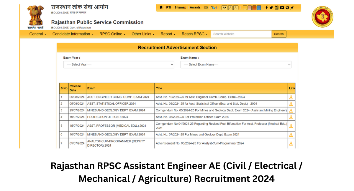 Rajasthan RPSC Assistant Engineer AE (Civil Electrical Mechanical Agriculture) Recruitment 2024