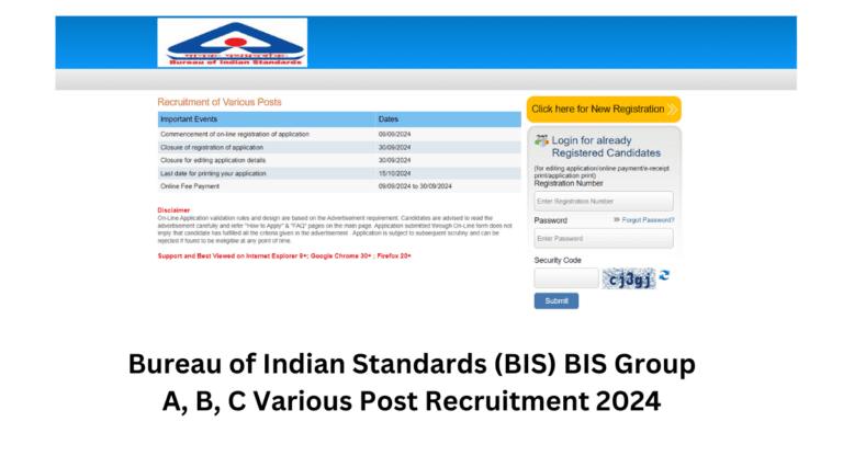 Bureau of Indian Standards BIS Group A, B and C Recruitment 2024