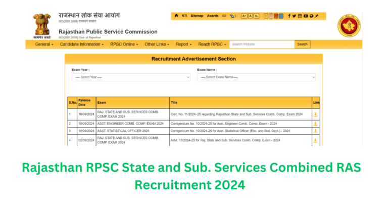 Rajasthan RPSC State and Sub. Services Combined RAS Recruitment 2024