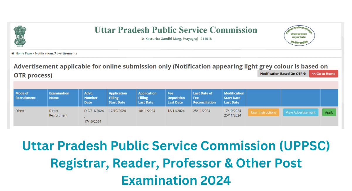 Uttar Pradesh Public Service Commission (UPPSC) Registrar, Reader, Professor & Other Post Examination 2024